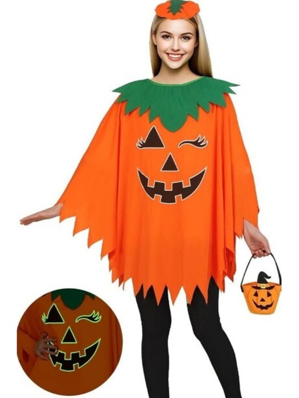 Fun Pumkin Poncho Costume (Adult) Glow in the Dark Face w Headband & Mini Bucket